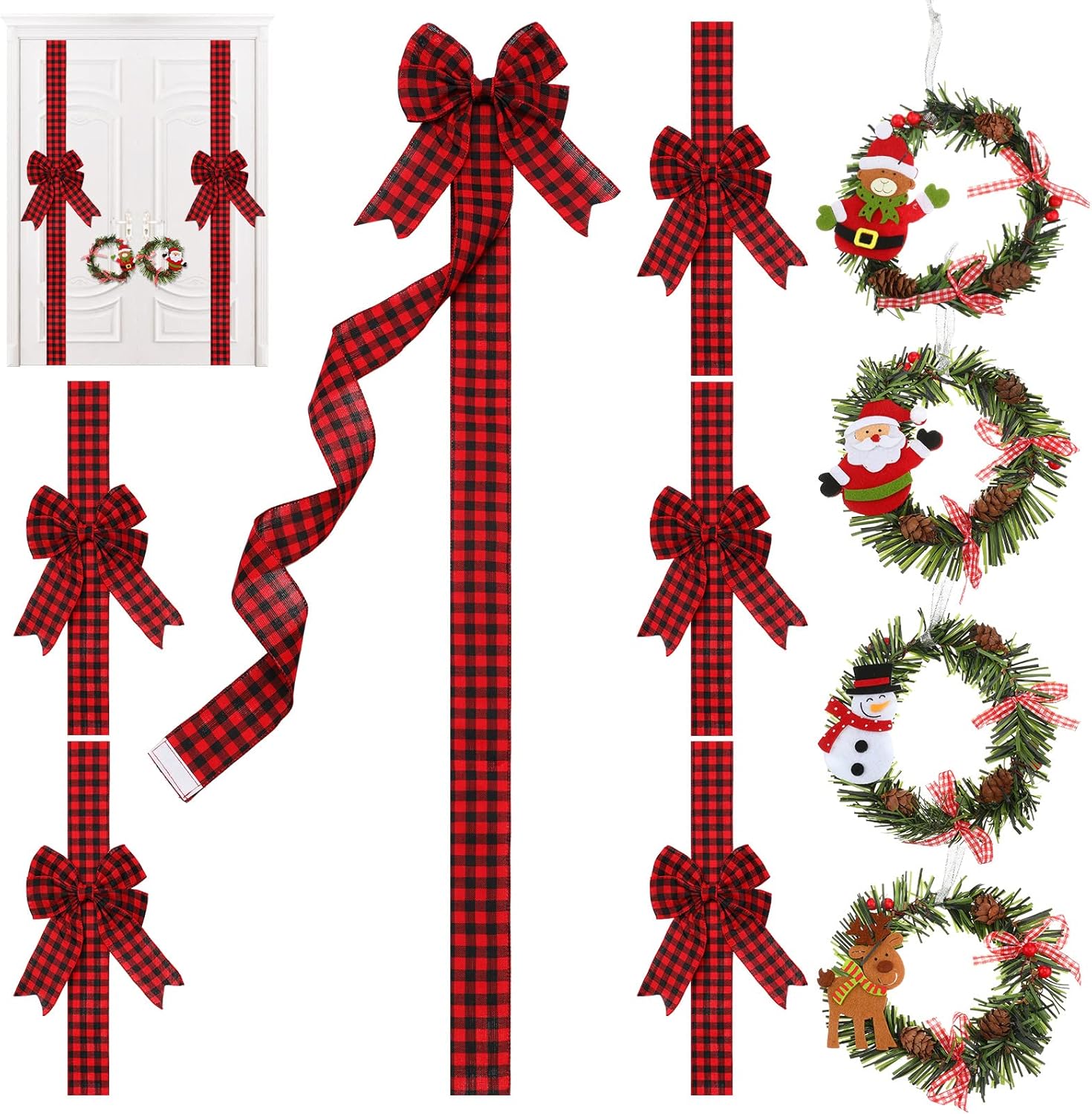 Bows & Ribbons - Ysleen 6 Pcs Christmas Cabinet Ribbon Bows Festive Large Xmas Bows and 4 Pcs Christmas Pine Wreath with Snowman Santa Claus Artificial Christmas Front Door Wreath for Christmas Party (Black and Red)