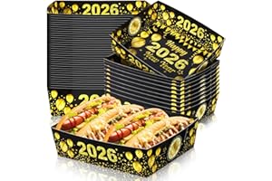 Maxcheck 36 Pack 2026 New Year Eve Party Supplies Paper Food Trays 5 lb Black and Gold Large Food Nacho Boats Disposable Snack Paper Tray for Celebration Party