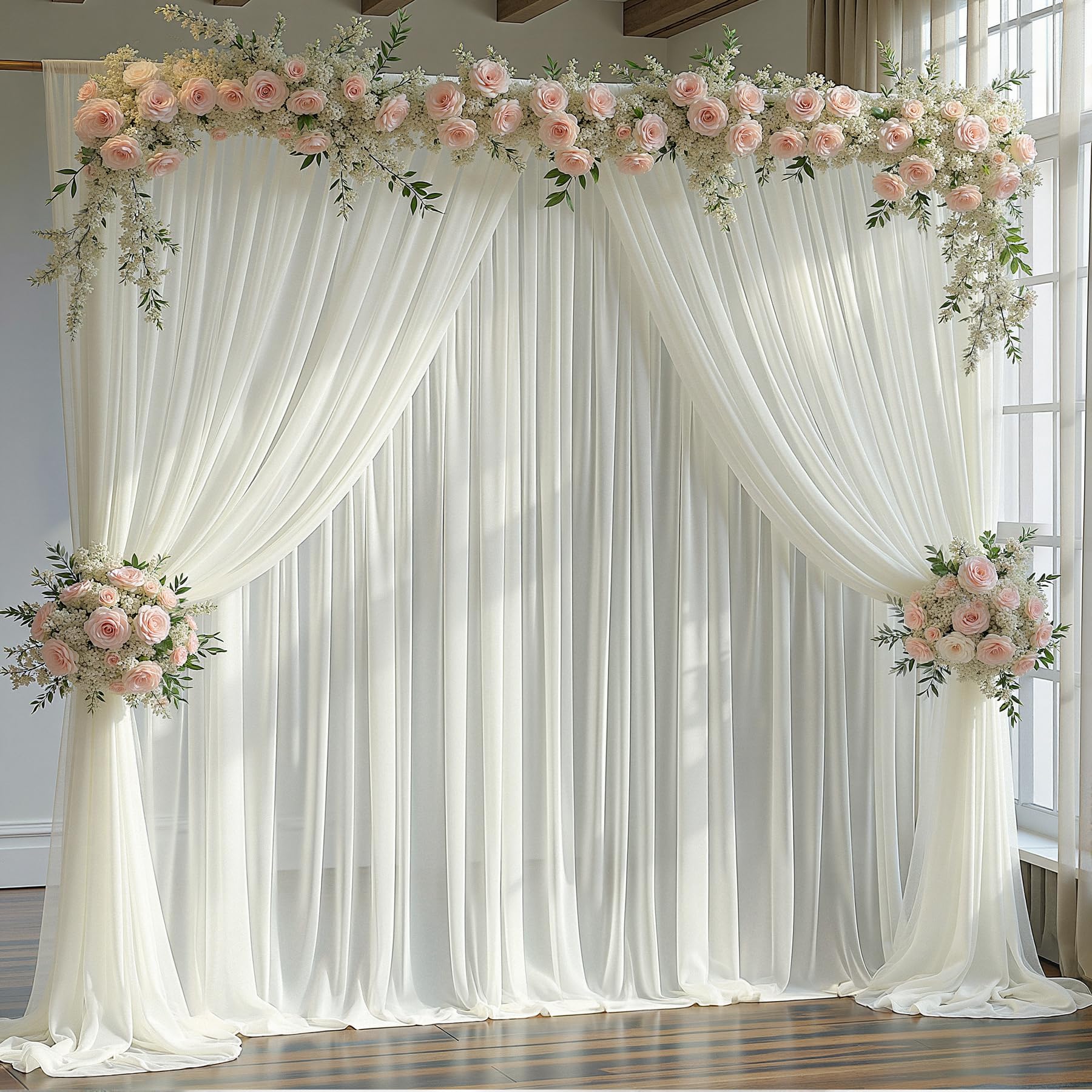 Photo 1 of 20x10FT Ivory Sheer Tulle Backdrop Curtains for Wedding Parties,4 Pack Photo Backdrop Curtains Ceiling Drapes for Birthday Party Baby Shower,Arch Fabric Background with Rod Pocket for Home Decorations