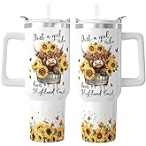 Highland Cow Tumbler With Handle and Straw, 40 oz Leakproof Stainless Steel Insulated Tumbler, Cup Holder Friendly, Birthday Christmas Gifts for Women Who Loves Cow, Travel Coffee Mug Water Bottle