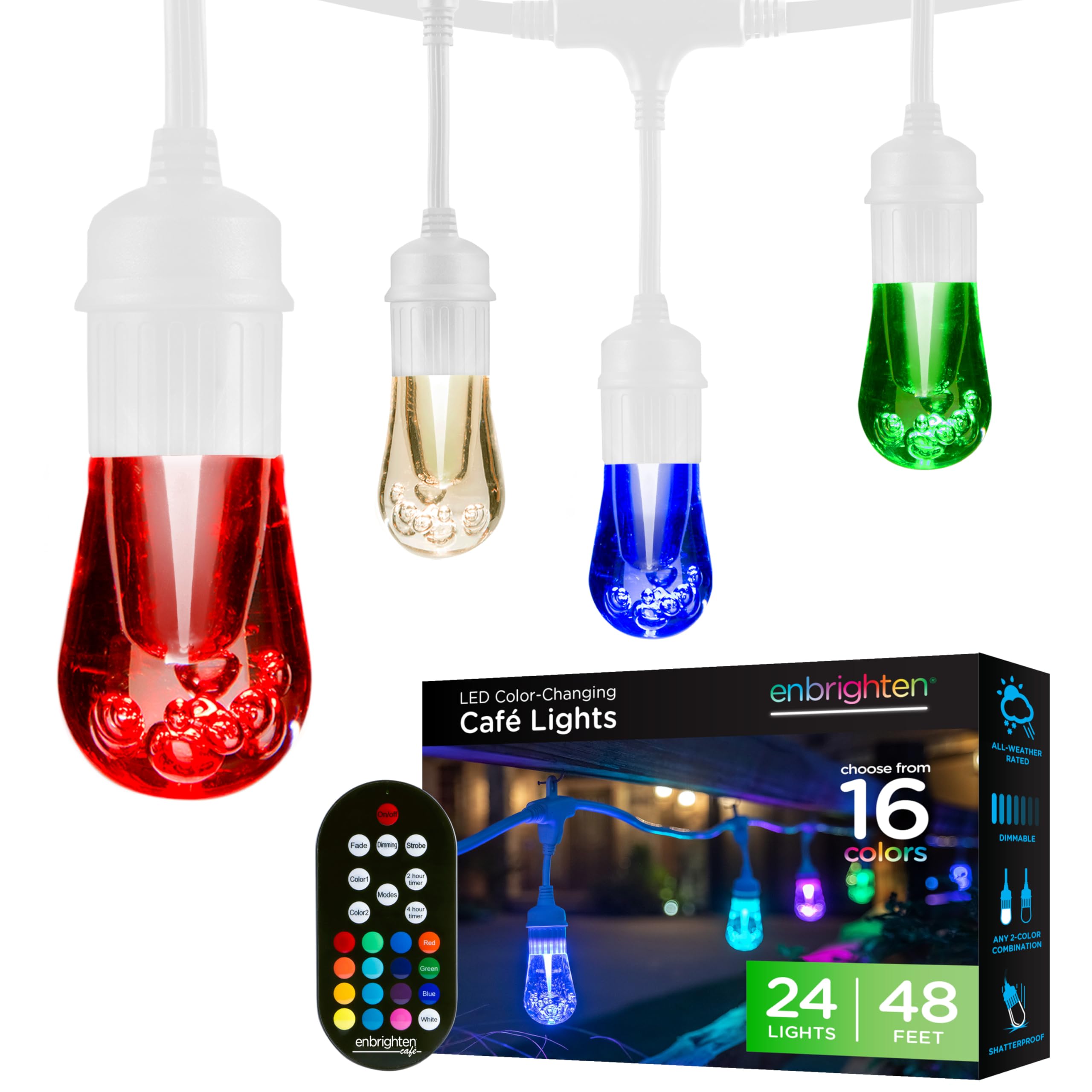 Photo 1 of Enbrighten Premium Color Changing String Lights, 48ft White Cord, 24 Shatterproof Acrylic Bulbs, Weatherproof, Remote Control, Dimmable RGB LED, Outdoor String Lights, 39092