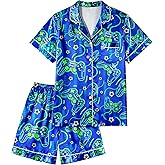 PASHOP Boys Pajamas Boys Satin Pajamas Set Summer Short Sleeve Button-Down & Shorts Pjs Kids Boy Silky Pajama Size 8-14