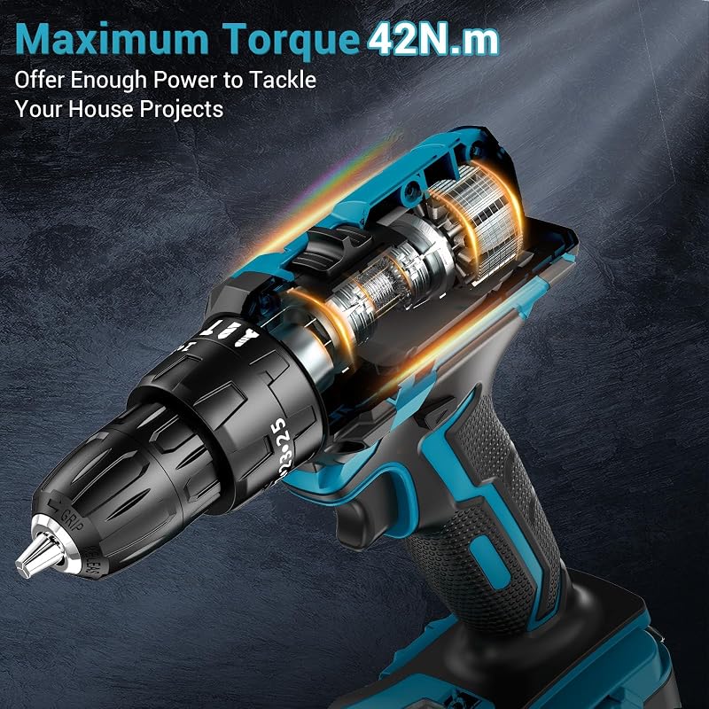 Perceuse Visseuse Sans Fil 21V, Visseuse Devisseuse avec Batteries 2.0Ah, 42N.m Percussion, 25+3 Réglages de Couple, pour Projet de Bricolage