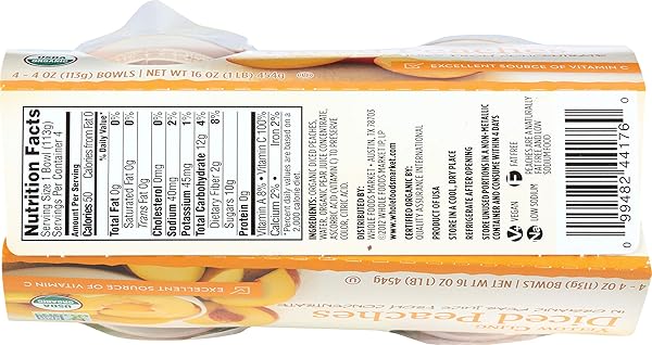 365 EVERYDAY VALUE, ORGANIC YELLOW CLING DICED PEACHES IN ORGANIC PEAR JUICE FROM CONCENTRATE, 4 OUNCE, 4 COUNT