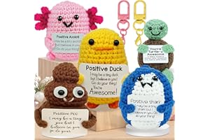 JOFARSTEP Positive Crochet Animals 5 Pack Bulk Gifts Emotional Support Crochet Animals with Positive Card, Positive Duck Axolotl Shark Poo Send one More Positive Turtle, Mothers Day Birthday Gifts for Mom