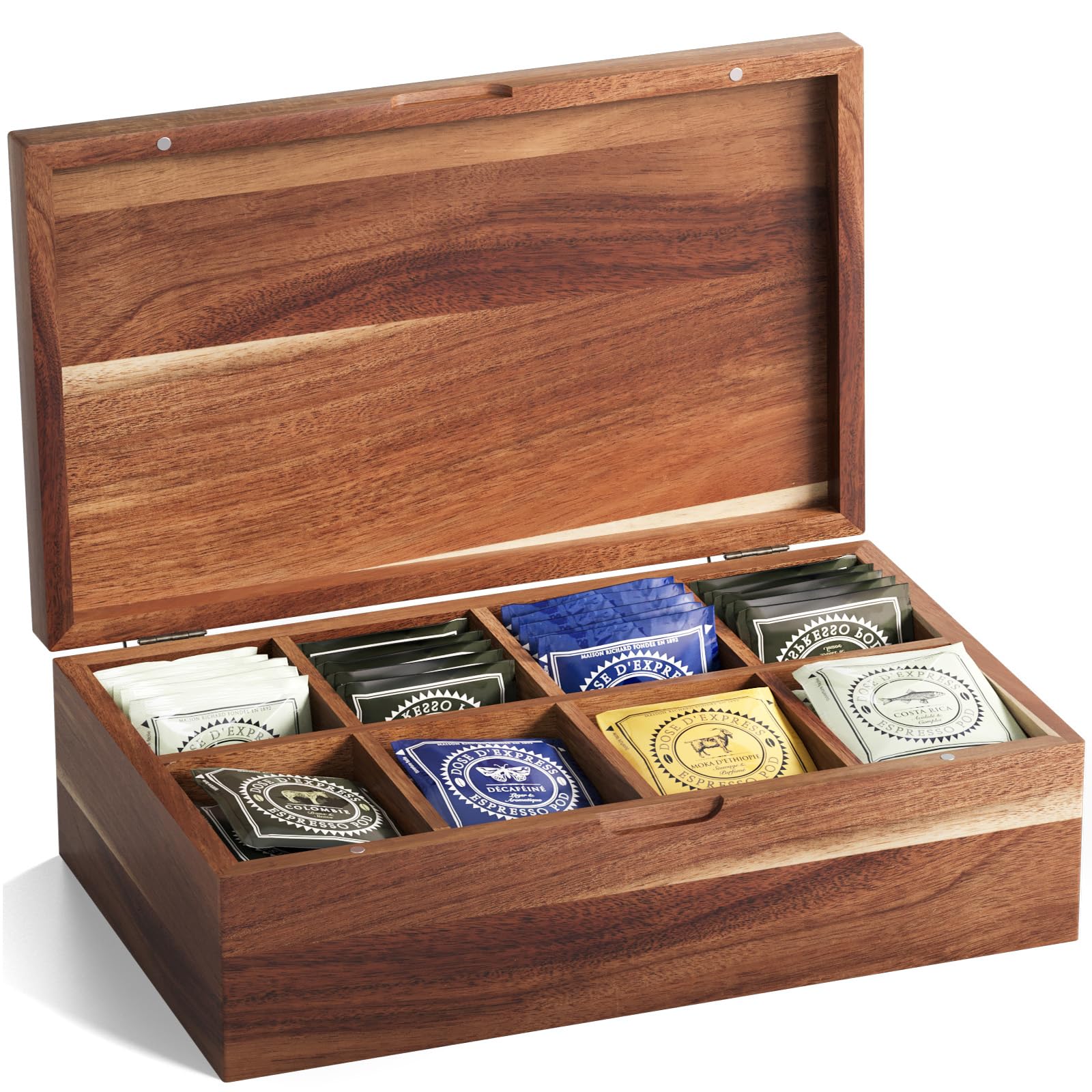 Photo 1 of Danfoxer Acacia Wood Tea Bag Organizers, Tea and Sugar Packet Storage Chest with Lid, Wooden Teabag Holder Containers,Tea Box with 8 Compartments