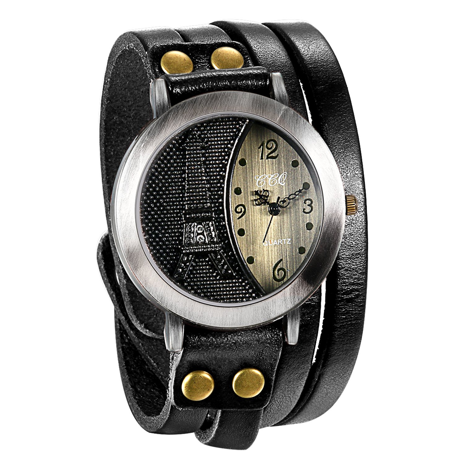 JewelryWe Women Mens Vintage Eiffel Tower Pattern Watch Multilayer Wrap Bracelet Quartz Wristwatch Black