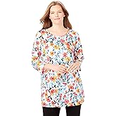Woman Within Plus Size Perfect Printed Three-Quarter-Sleeve Scoopneck Tunic