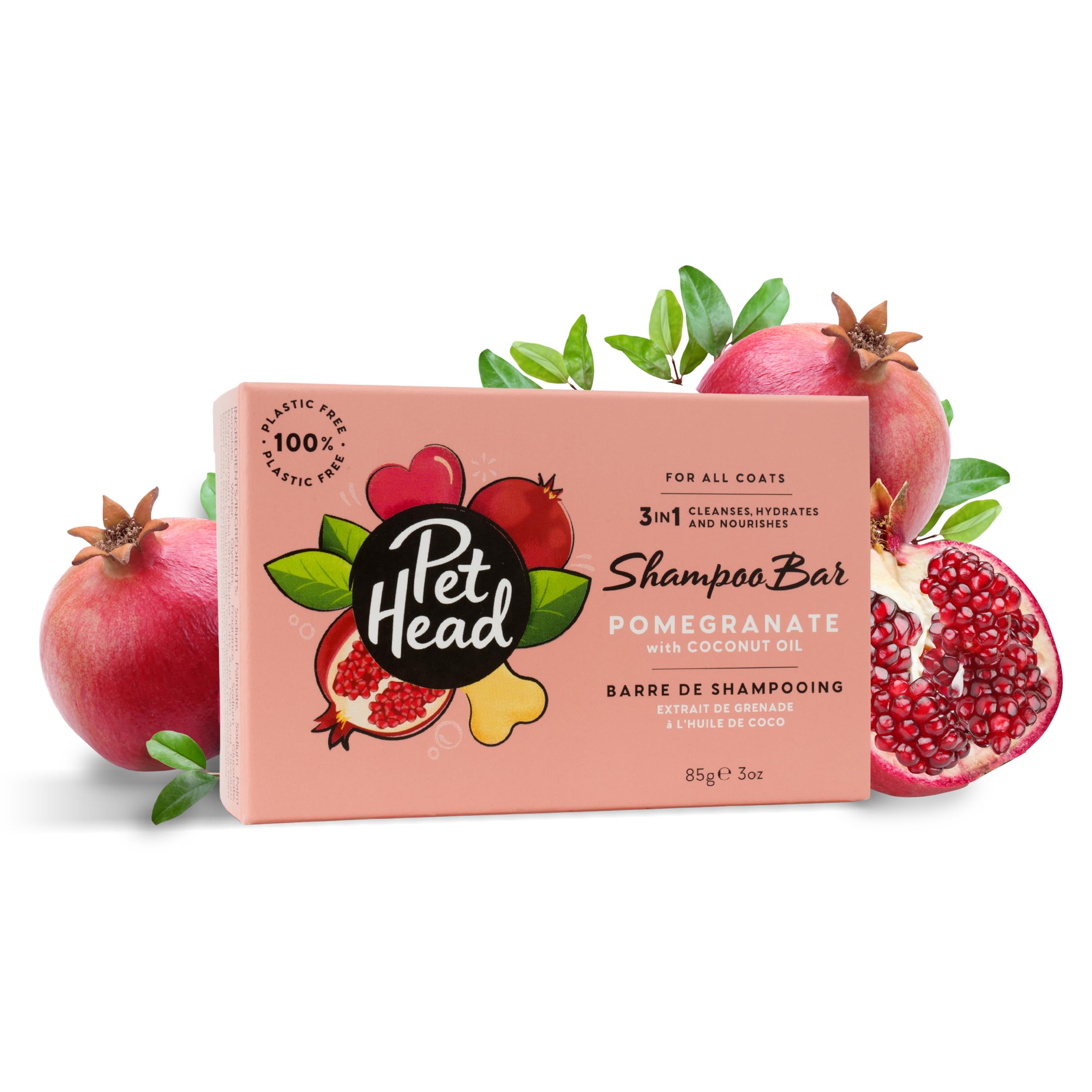 Pet Head Pomegranate Shampoo Bar for Dogs | 3in1 Cleanses, Hydrates & Nourishes all Dog Coats | With Oat Kernel Extract & Coconut Oil | Free of parabens & sulphates | Gentle formula for Puppies | 85g