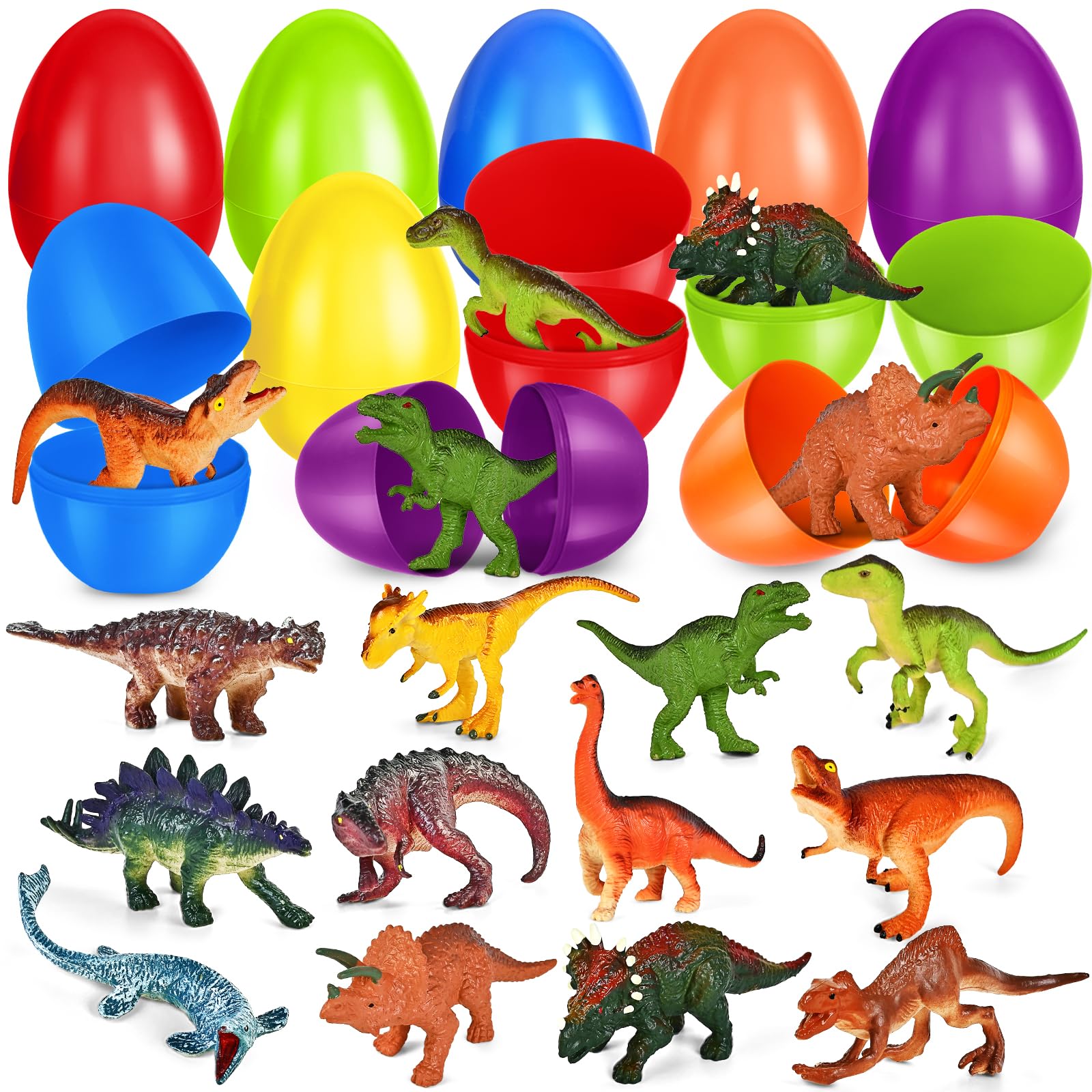 OCHIDO 12 Pack Easter Eggs Filled with Dinosaur Toy, Easter Basket Stuffers for Kids, Easter Basket Essentials, Easter Party Favors for Easter Egg Hunt Game, Classroom Rewards