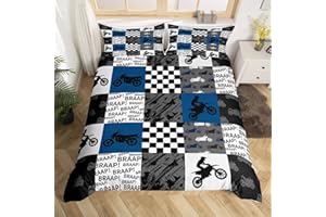 CASTLE FAIRY Dirt Bike Duvet Cover Twin Size Black Grey Blue Motocross Rider Bedding Set Kids Boys Teens Men Bedroom Racing Themed Patchwork Grid Comforter Cover Fashion Motorcycle Silhouette Quilt Cover 2pcs