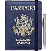 WALNEW Passport Holder for Travel, RFID Passport Cover Wallet for Women Men, PU Leather Passport Book Card Holder Case with P