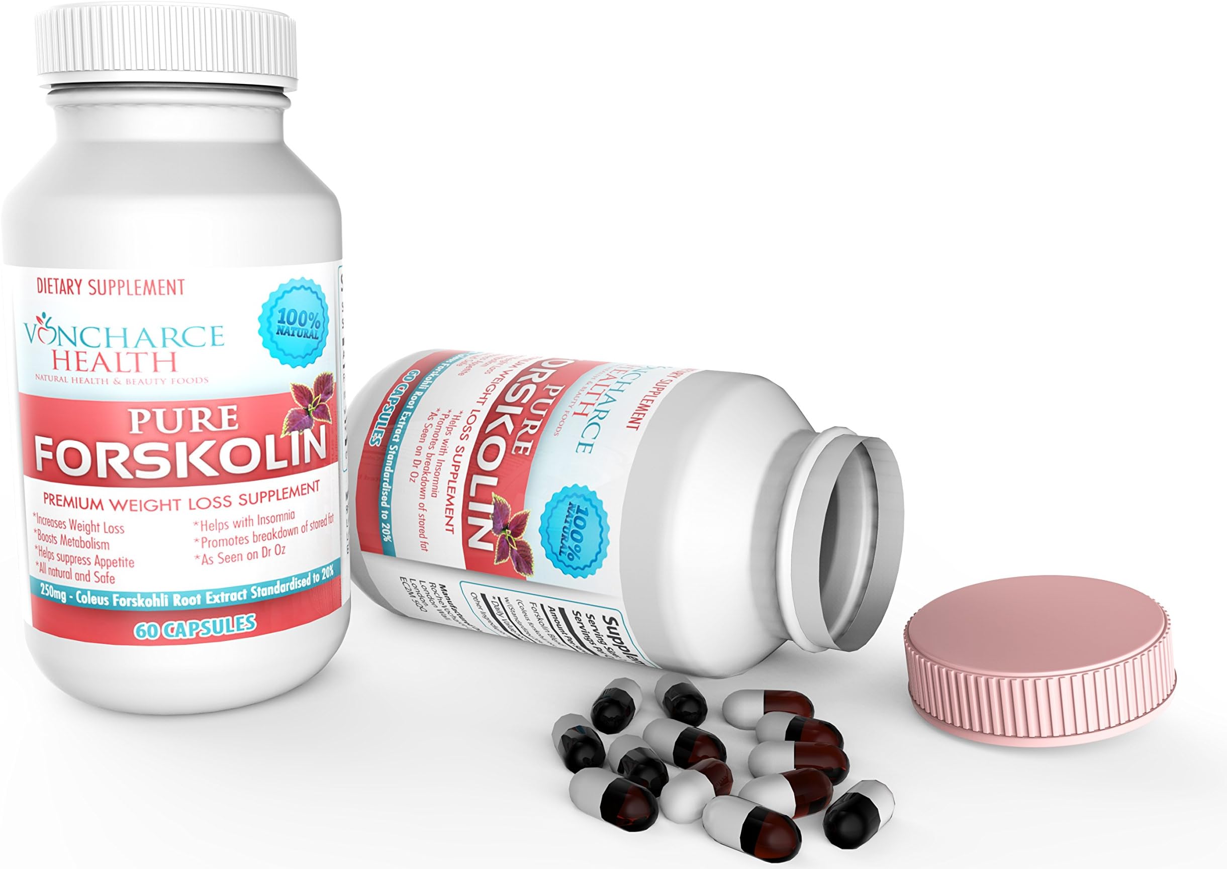 Voncharce Health All Natural Forskolin 20% Standardized Coleus Forskohlii Root Extract for Weight Loss, Maximum Strength - 250mg per Dosage for Fat Burning and Melting Belly Fat! 60 vegetable capsules. Works Great in Combination with Pure Garcinia Cambogia or Green Coffee Bean Extract to Lose Weight Fast, Made in USA