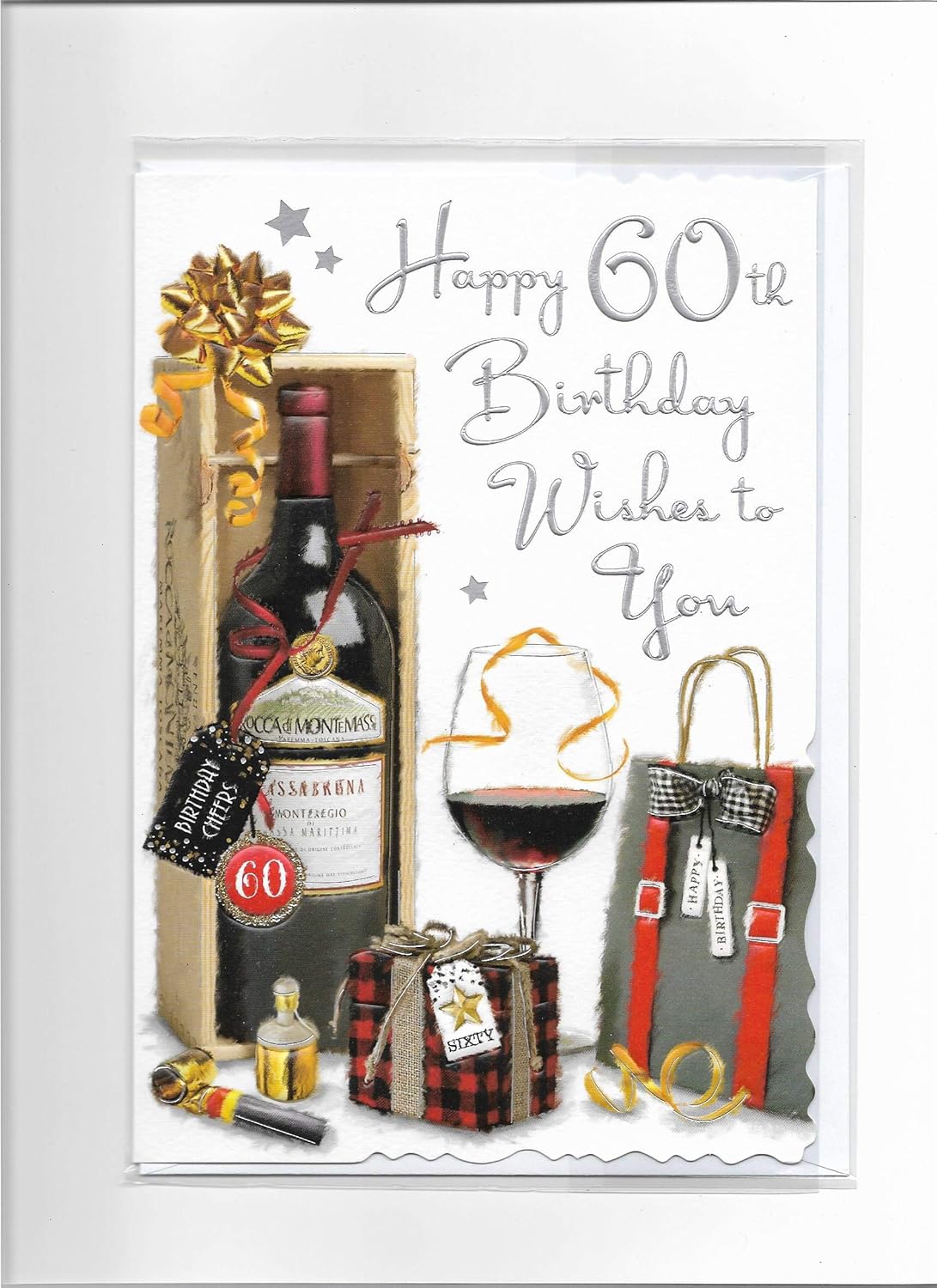 60th Birthday Card - Male - Wine Bottle, Glass and Gift Bag, silver, 23cm x 16cm