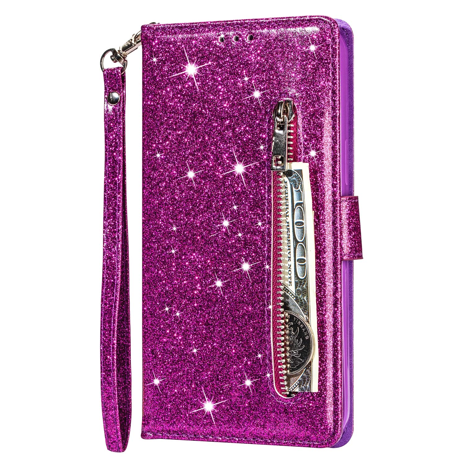 Samsung Galaxy A52 Case Zipper Pocket, Samsung A52s 5G Case Glitter Bling Flip Shockproof Leather Folio Wallet Case with Stand Silicone Bumper Cover for Samsung A52 Phone Case Girls Women, Purple