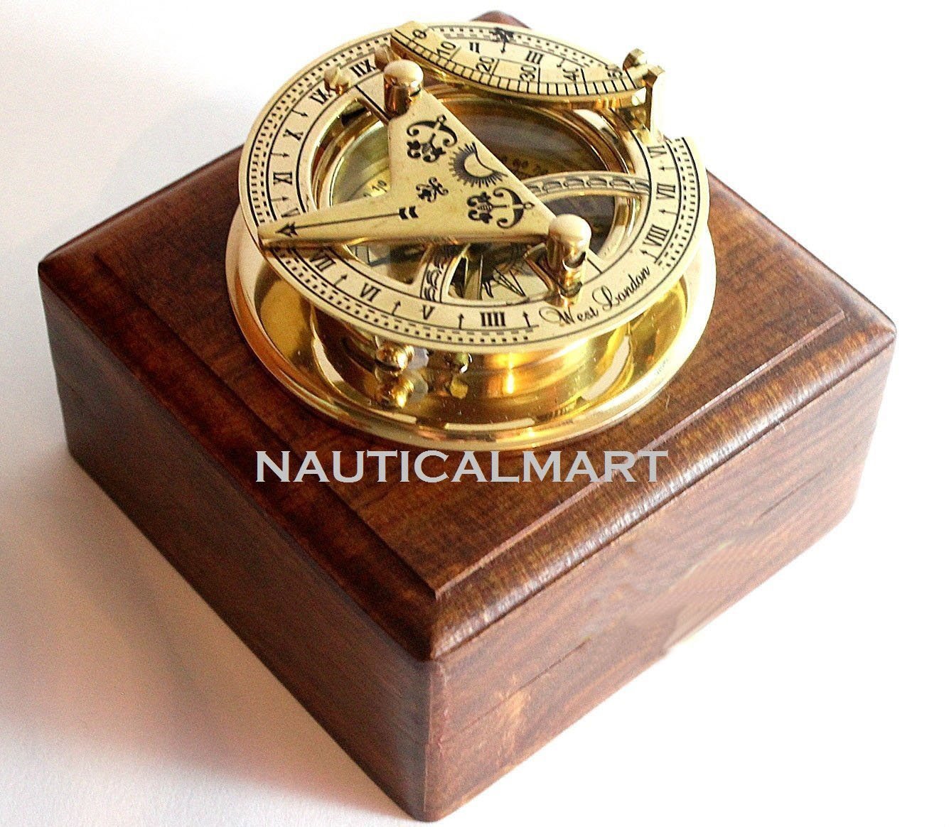 Brass Sundial Compass Maritime Vintage Antique Nautical Sundial Compass With Wooden Box Gift Item