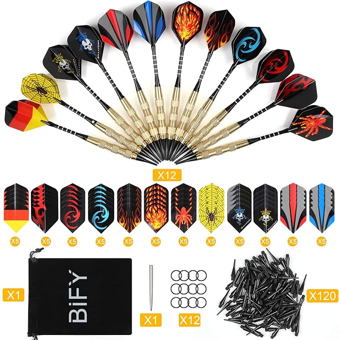BIFY Dartpfeile 12 Stück Darts [18g/Stück](Internationaler Standard) 60 Flights 120 Spitzen Brass Darts Aluminum Shafts + 1 S