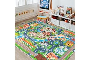 plumlik Car Rug Play Mat for Kids Toy Cars, Road Traffic Playmat for Kid Bedroom, Non-Slip Machine Washable Town City Race Track Carpet for Learn and Have Fun 3'x4'/ 36"x48"