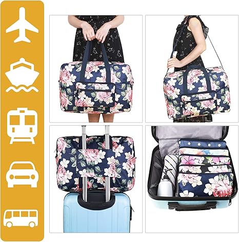 Amazon Com Travel Foldable Waterproof Duffel Bag Lightweight Carry Storage Luggage Tote Duffel Bag Blue Rose Sports Duffels