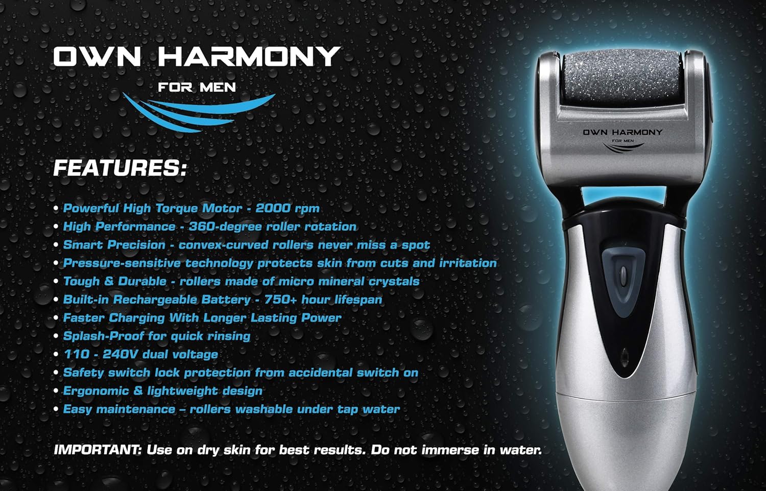 Electric Foot Callus Remover: Rechargeable Pedicure Tools for Men by Own Harmony -3 Rollers (Powerful) Best Professional Spa Electronic Micro Pedi Feet File Care Perfect for Hard Cracked Skin : Beauty