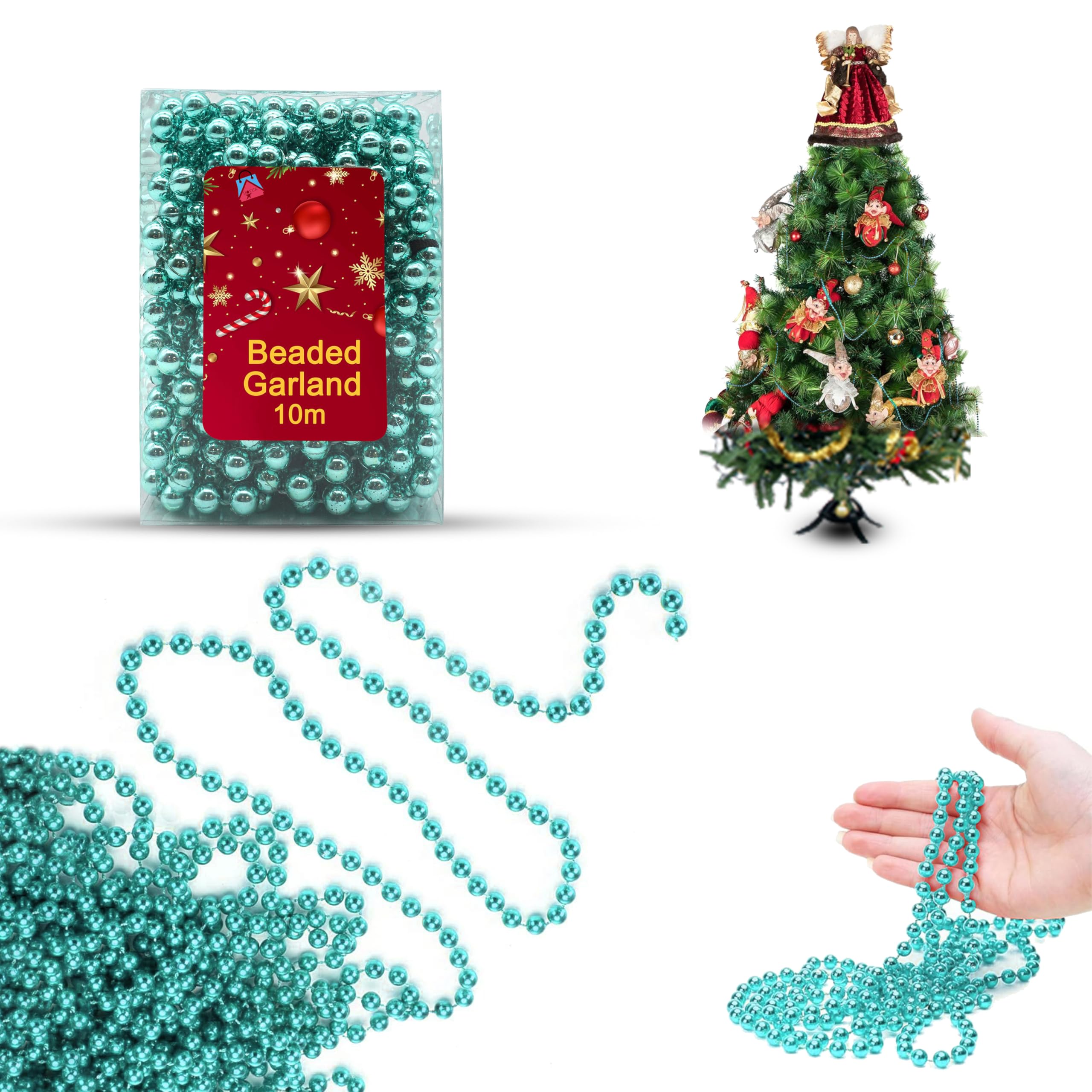 Ice Blue Christmas Bead Garland 10m - Light Blue Plastic Beads Chain, Turquoise Artificial Pearls Strands Xmas Beaded Garland for Christmas Tree Holiday Decoration Supplies