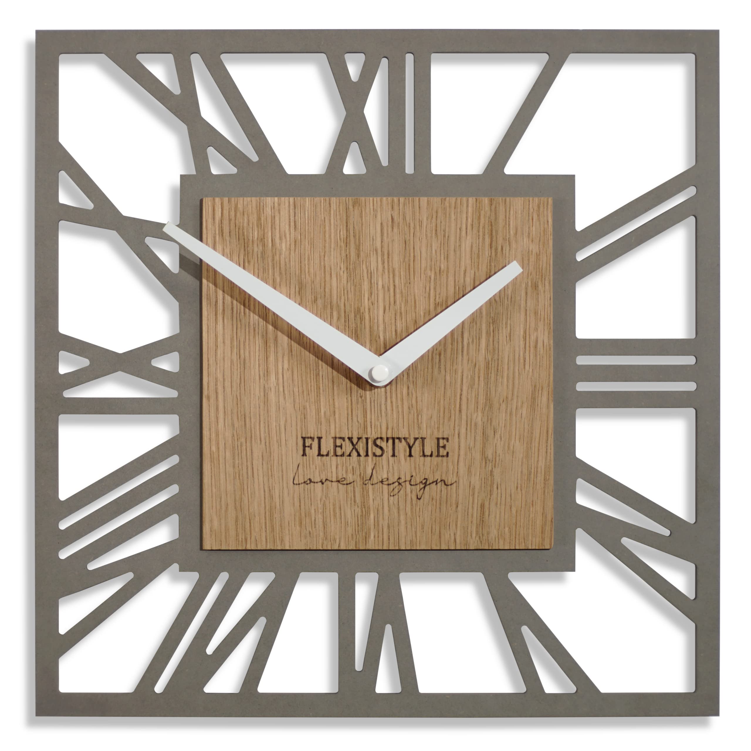 FLEXISTYLE Square wall clock grey wooden oak 30cm unusual design roman digits silent non ticking for office living room