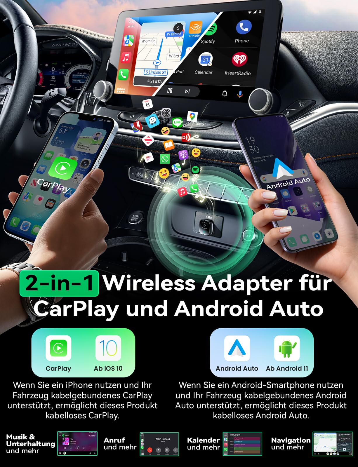 Wireless Carplay & Android Auto Adapter, Mavlou Metalldesign Mini & Stabiler 2-in-1-Dongle, Convert Wired CarPlay/Android Auto zu Wireless, für iOS 10+/Android 11+ & Autos ab 2016 3