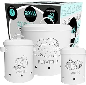 Potato Onion Garlic Storage Bin with Lid - Set of 3 - Kitchen Pantry Organizer and Tin Vegetable Keeper - Vintage White Farmhouse Metal Containers - Counter Fresh Produce Canister Bins by GOVÅ
