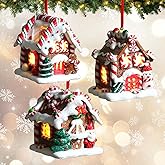 3Pcs Christmas Gingerbread House Hanging Ornaments for Xmas Tree,3D Light-Up Handmade Clay Gingerbread Candy House with Santa Claus Snowman for Christmas Eve New Year Winter Holiday Party Decorations