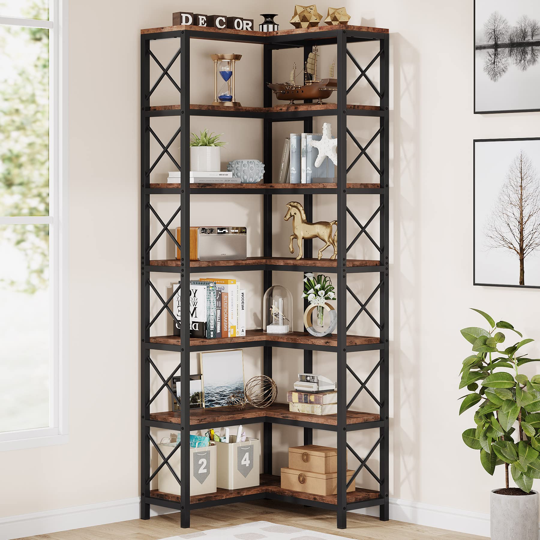 Photo 1 of Tribesigns 7-Shelf Corner Bookshelf,Large Modern Corner Bookcase, 7-Tier Tall Corner Shelf Storage Display Rack with Metal Frame for Living Room Home Office (Rustic Brown)