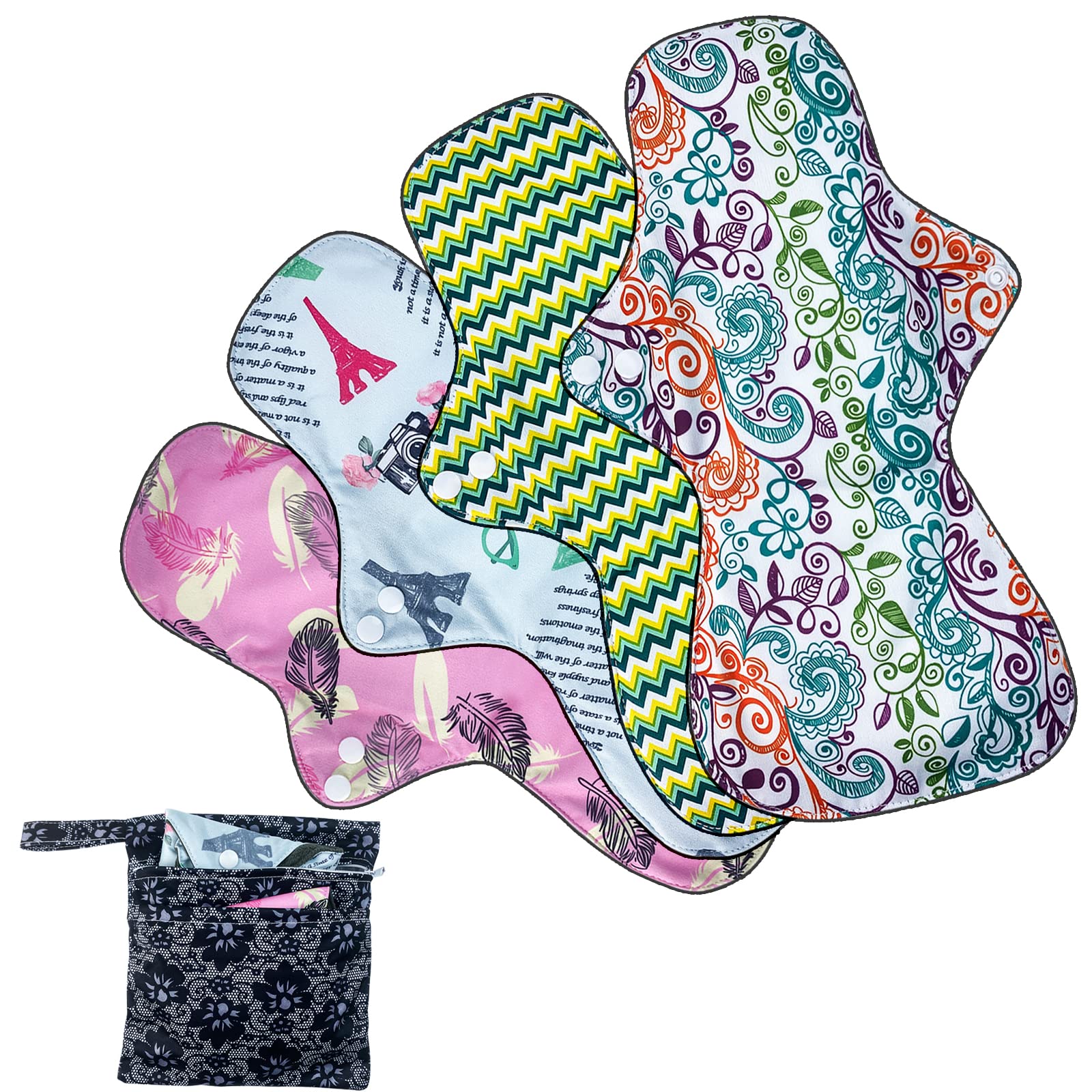ZCOINS Reusable Sanitary Towels Heavy Flow 4 Pieces 32 cm Washable Sanitary Pads Long Night, with 1 Wet Bag