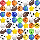 60 Pcs Sports Balls Bulk Kids Small Mini Stress Ball for Party Favor Toy, Including Basketball, Baseball, Football, Globe, Soccer, Star, Smile for Stress Relief School Prizes Carnival Fillers Gift