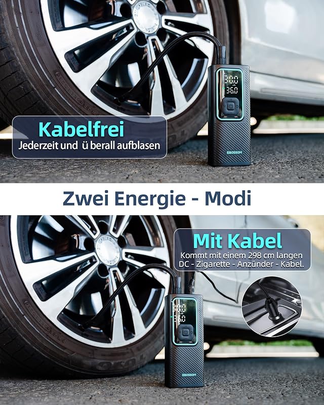 Elektrische Luftpumpe 10,3Bar,Akku Kompressor Mini 6000mAh & 12V DC-Zigarettenanzünder, Tragbare Fahrradpumpe mit alle ventile für Auto,Motorrad,Fahrrad,Pumpe mit LED-Licht,Automatischem Abschalten
