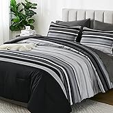 Dobuyly Black Comforters Queen Size Set 7 Pieces, Boho Striped Grey Bed in a Bag Queen Soft Microfiber Bedding Set with Comforter, Sheets, Pillowcases & Shams All Season