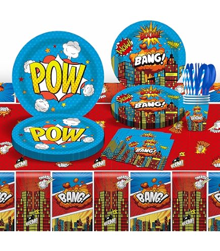 Kit Vaisselle Anniversaire Super Héros 62 Pièces - Nappes, Assiettes, Gobelets, Serviettes & Fanions Pour Fête Enfant Inoubliable