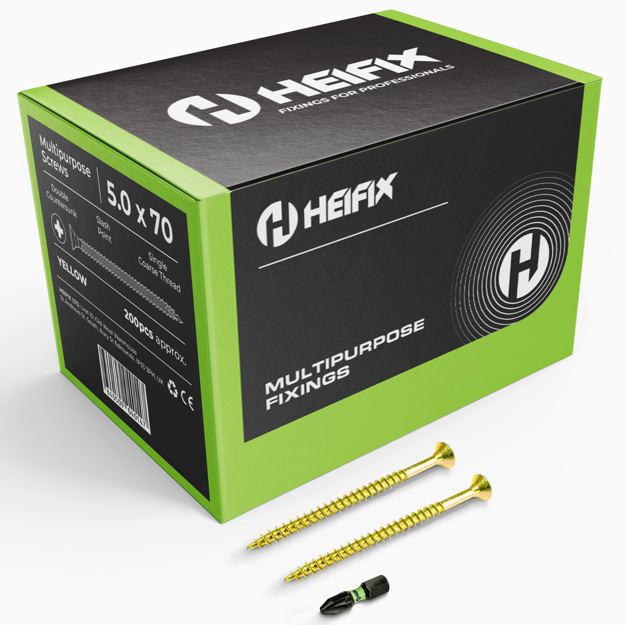 Heifix Multi-Purpose Wood Screws - FREE Screw Bit Included (QTY 200, 5mm x 70mm) Pozi Double Countersunk — image 1