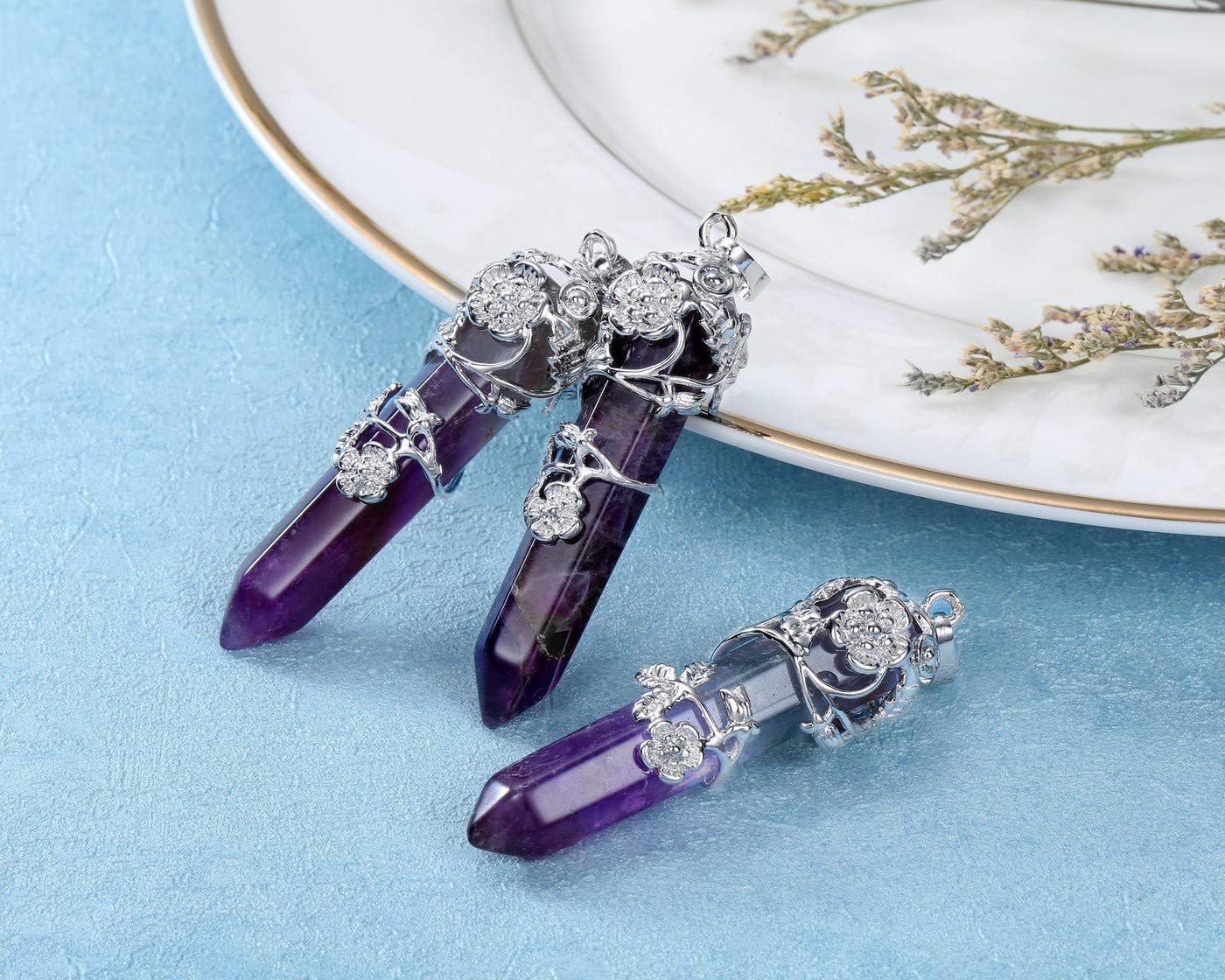 Jovivi Amethyst Crystal Point Pendant Necklace for Women Silver Flower Wrapped Purple Hexagonal Stone Chakra Necklace Gemstone Jewellery Gifts - Image 3