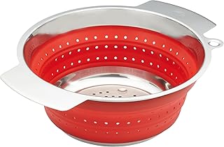 RÖSLE Seiher faltbar, Hochwertiges Abtropfsieb für Gemüse, Salat oder Teigwaren, Edelstahl 18/10, Silikon, Silber/Rot, Spülmaschinengeeignet