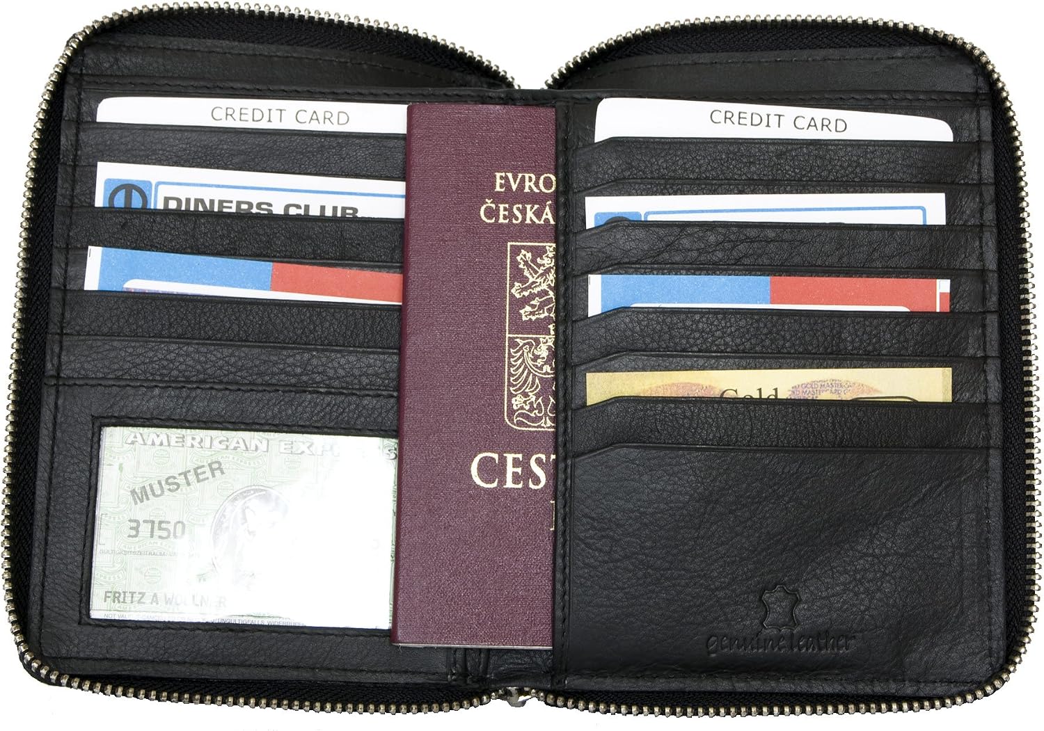 FLW Large genuine leather metal zip-around wallet designed to carry passport, Black - Image 4