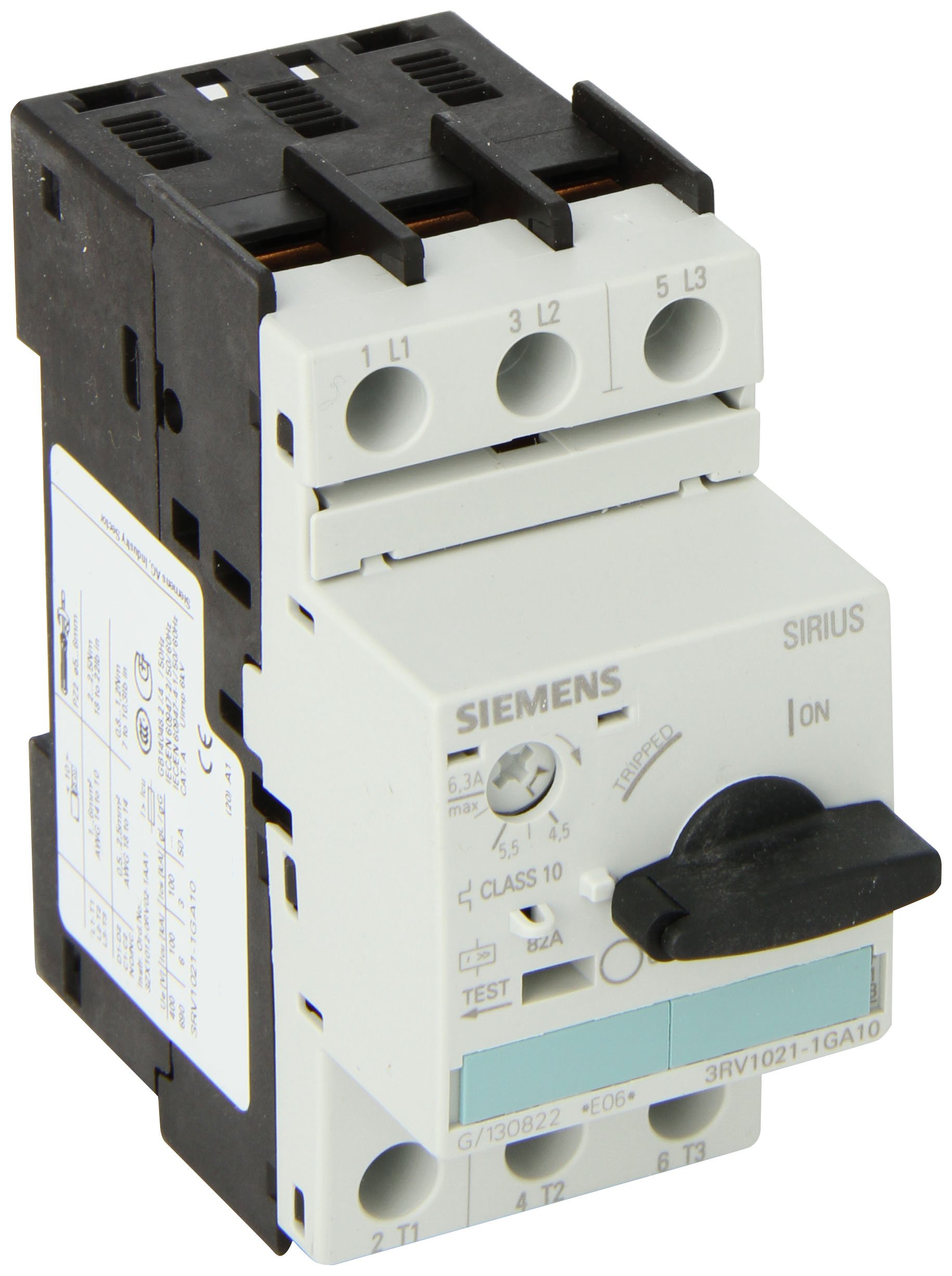 Siemens 3RV1021-1GA10 Circuit-Breaker Size S0, for Motor Protection, Class 10, A-REL.4.5A...6.3A, N-REL.82A, Screw Terminal, Standard Switching Capacity, White