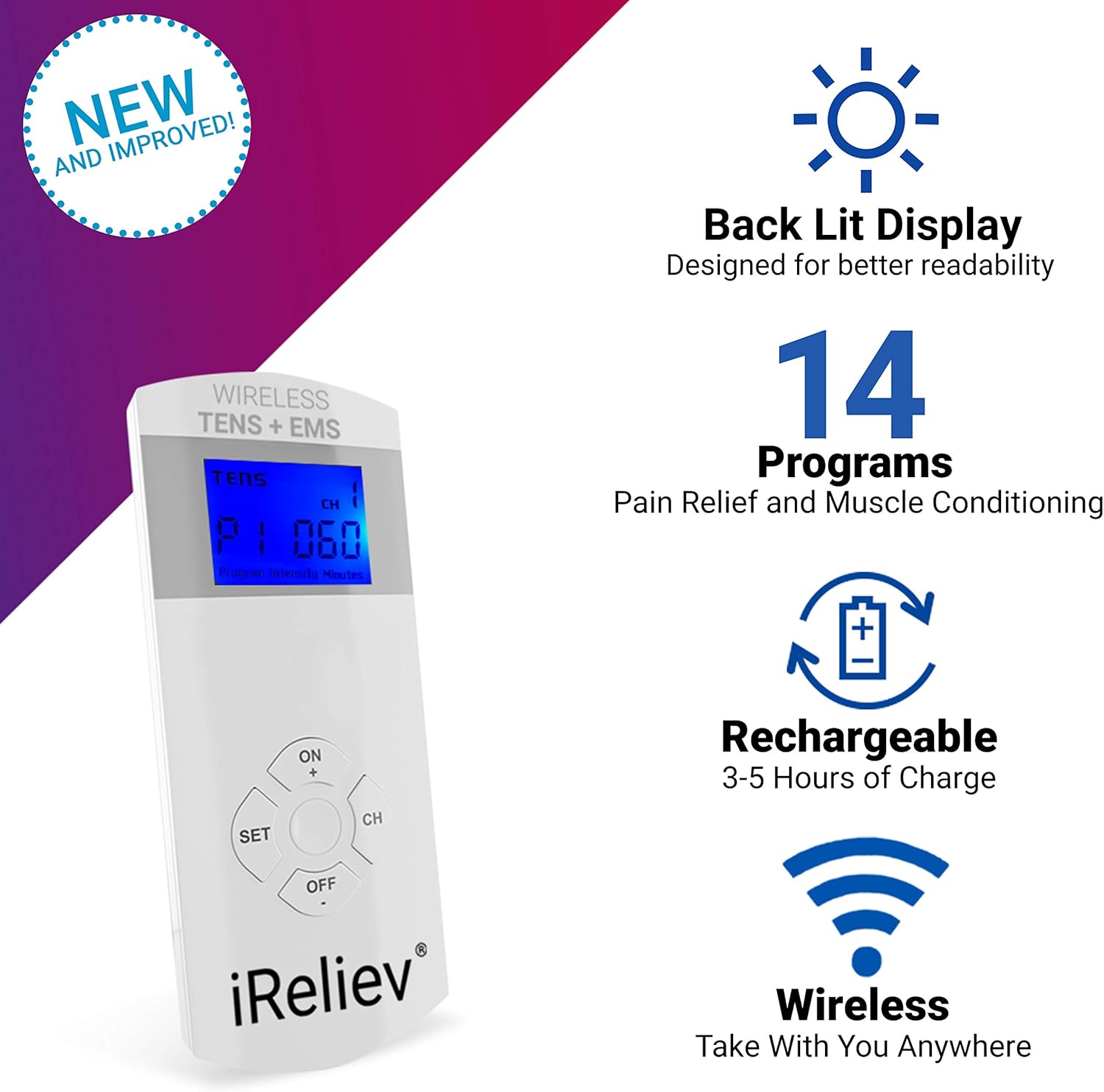 iReliev Wireless TENS + EMS Therapeutic Wearable System Wireless TENS Unit + Muscle Stimulator Combination for Pain Relief, Arthritis, Muscle Conditioning, Muscle Strength: Health & Personal Care
