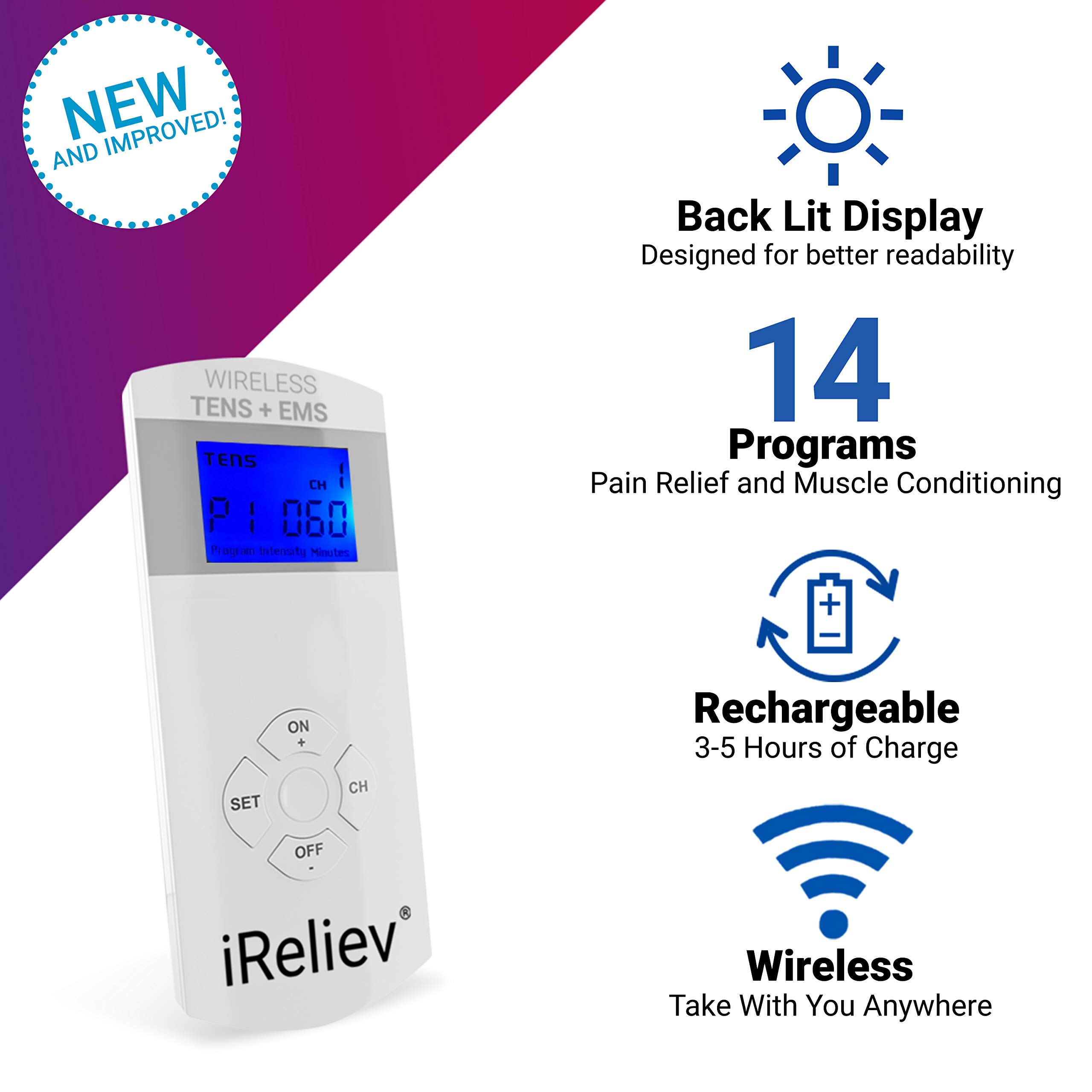 iReliev Wireless TENS + EMS Therapeutic Wearable System Wireless TENS Unit + Muscle Stimulator