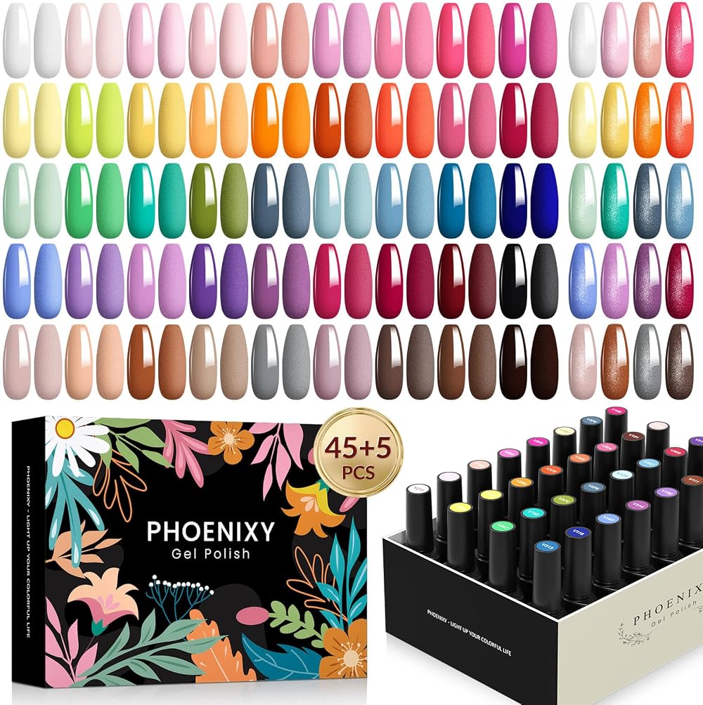 Phoenixy Gel Nail Polish Set 50x 7ml Base Top Matte Glitter Gold Gift