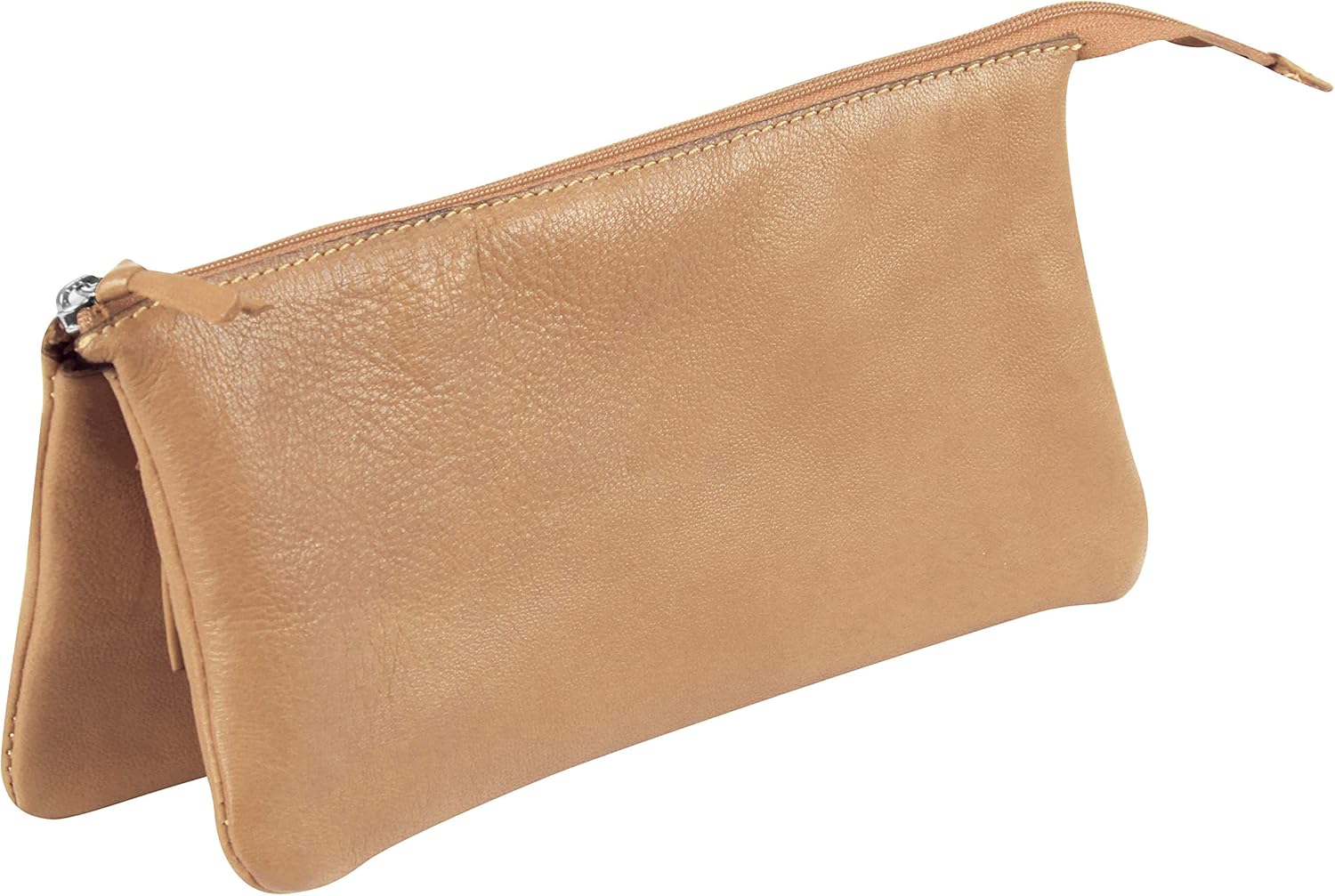 Clairefontaine 8441C, Flat School Pencil Case in Natural Leather 3 Compartments 21x3x10 cm in Genuine Lambskin