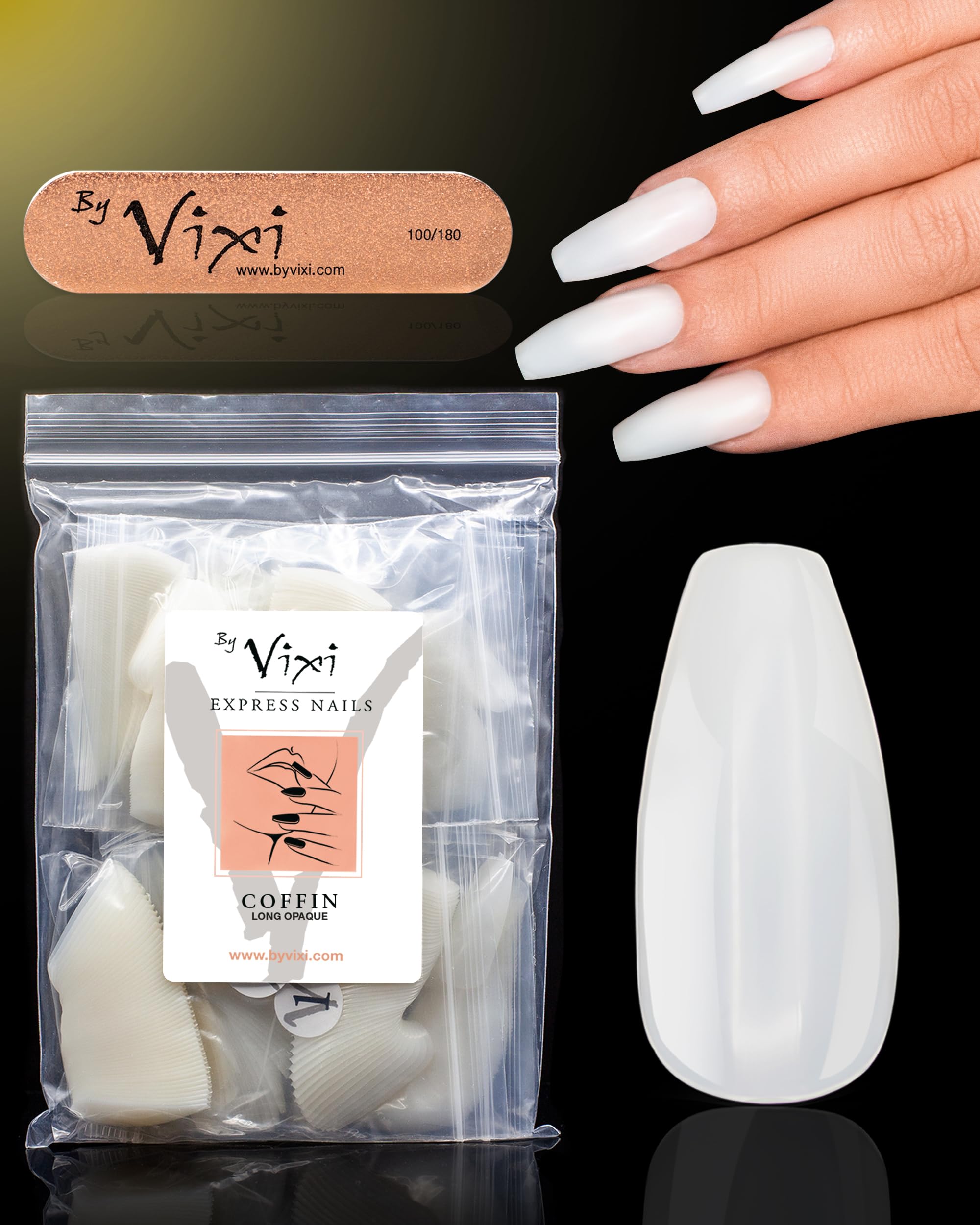 500 Long Coffin Press On Nails Set with By Vixi Prep File – Natural Full Cover False Nails, Stick On Fake Nail Tips, 10 Sizes, Acrylic Nail Extensions for Gel Polish & Nail Art