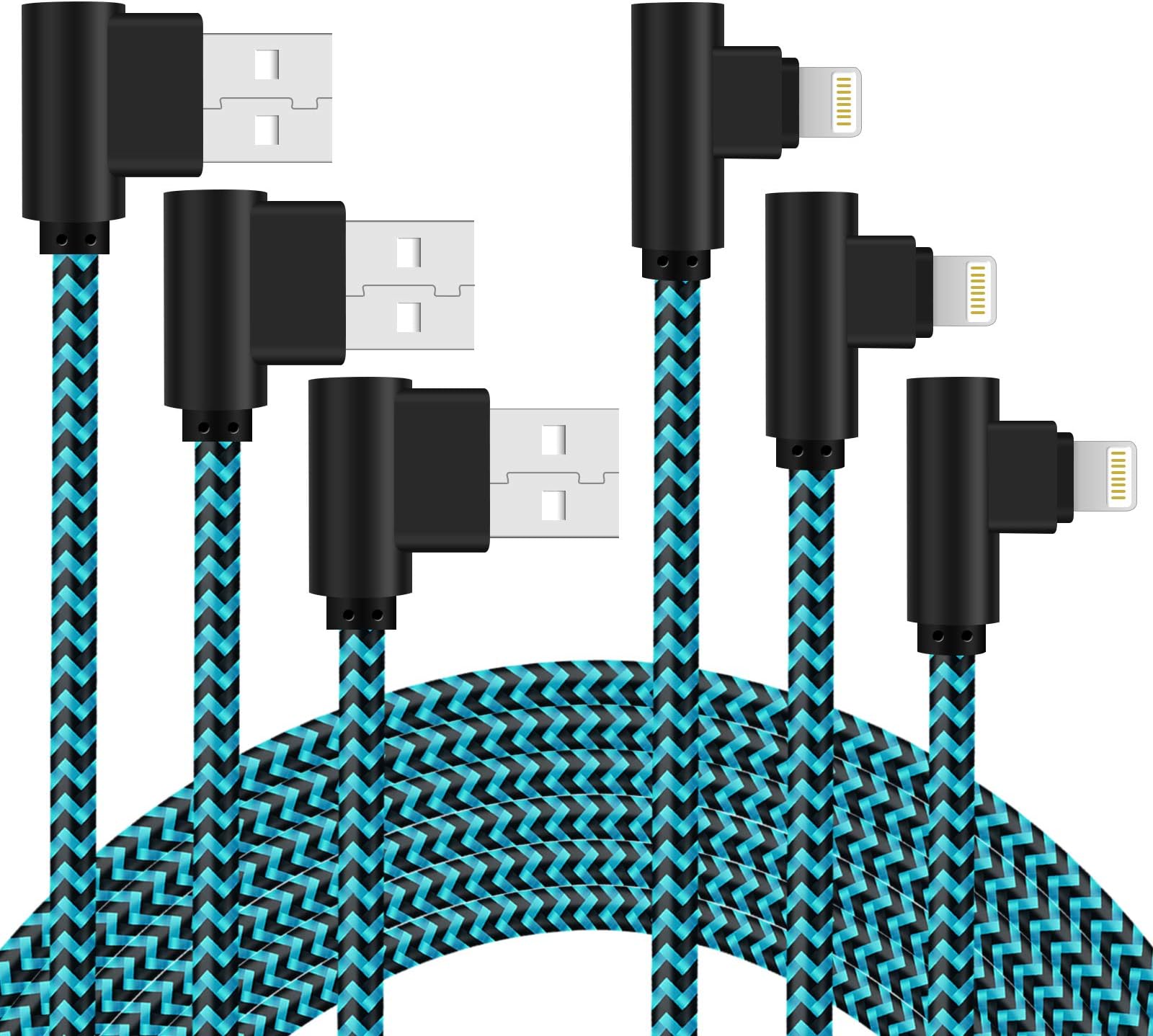 iPhone Charger 10FT 3Pack [Apple MFi Certified] Long Lightning Cable 90 Degree iPhone Charging Cable for iPhone 13 12 11 Pro XS Max XR X / 8/7 / 6s Plus/ 5s / 5c / 5se / iPad (Blue 10FT)