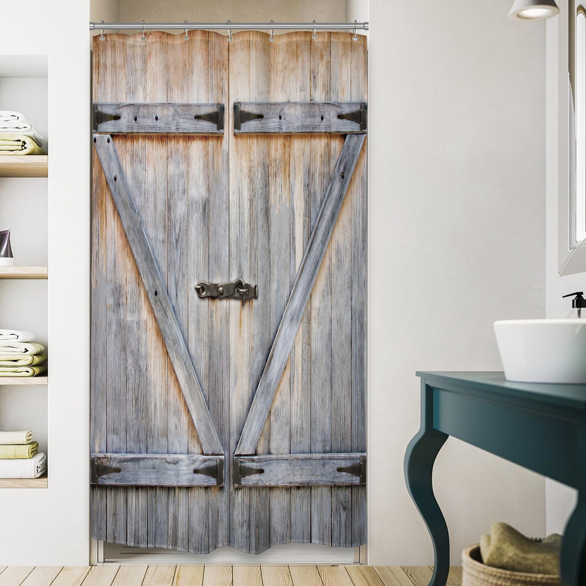 Riyidecor Rustic Small Stall Barn Door Shower Curtain 39Wx72H Farmhouse Wooden Vintage Wood Plank Country Old Garage Barn Wood RV Camper Decor Fabric Polyester Waterproof 7 Pack Plastic Hooks