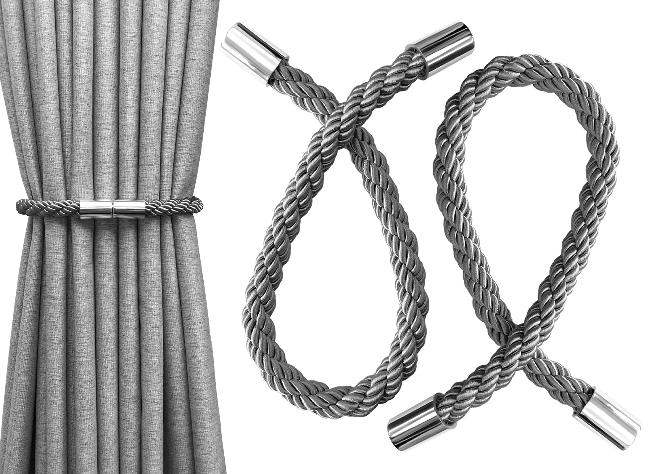 Aocar Magnetic Curtain Tiebacks, Handmade Curtain Rope, Drapery Buckle (Gray)