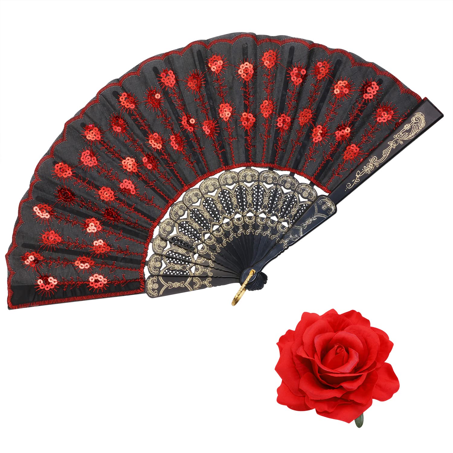 Photo 1 of Penta Angel Rose Flower Hair Clip and Embroidered Sequins Fabric Peacock Handheld Folding Fan for Women Girls Flamenco Dancer Halloween Party Costume (Red)