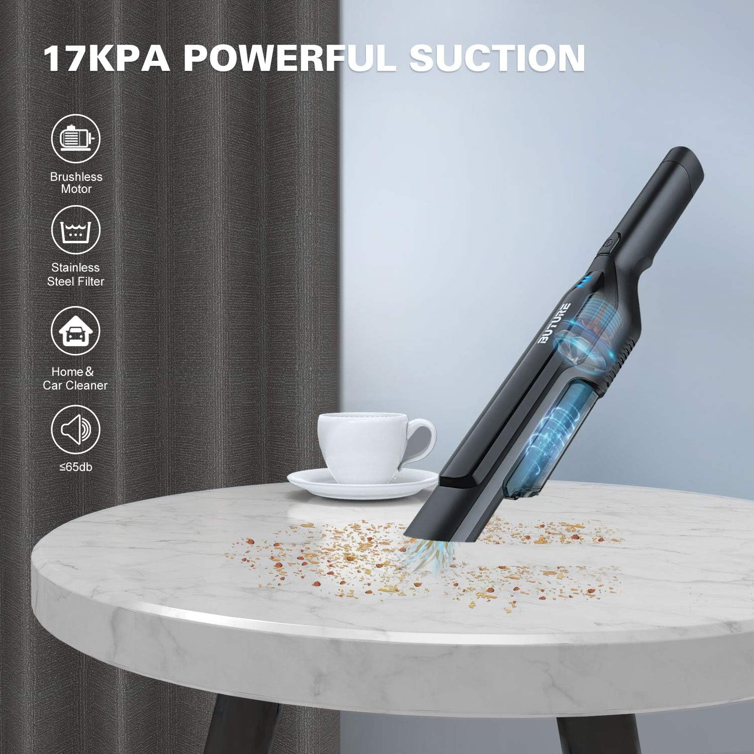 BuTure Handheld Vacuum Cordless, 17000PA USB Charging Car Vacuum, Poweful Suction Hand Vacuum Rechargable Lightweight Portable Vacuum Cleaner for Car and Home (Black) -